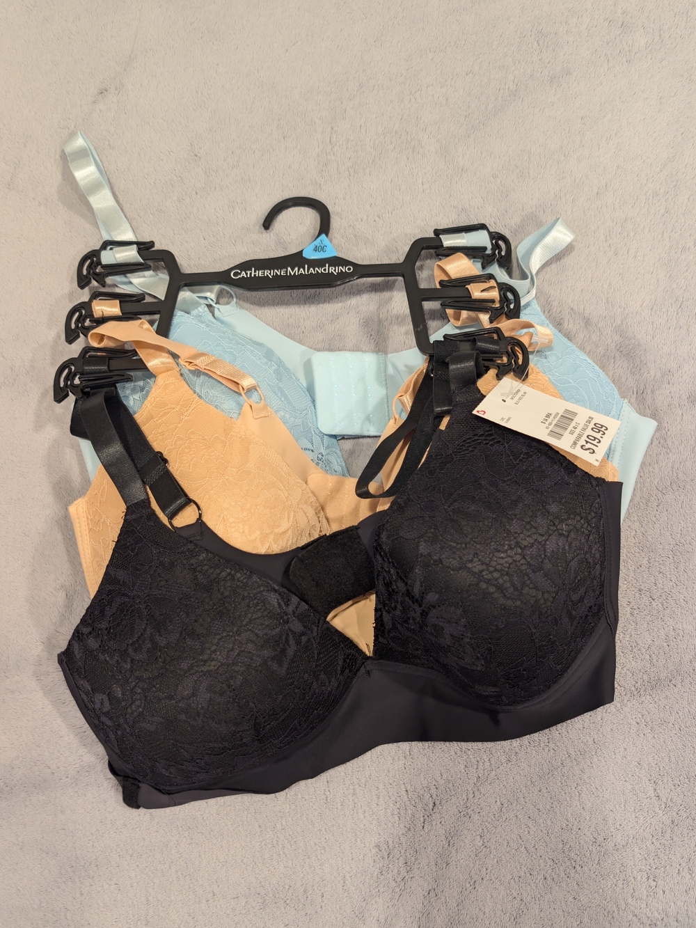 Catherine Malandrino Lace-Overlay Bra Set in Black, Nude & Light Blue